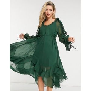 ASOS DESIGN Drape Ruffle Long Sleeve Green Midi Dress